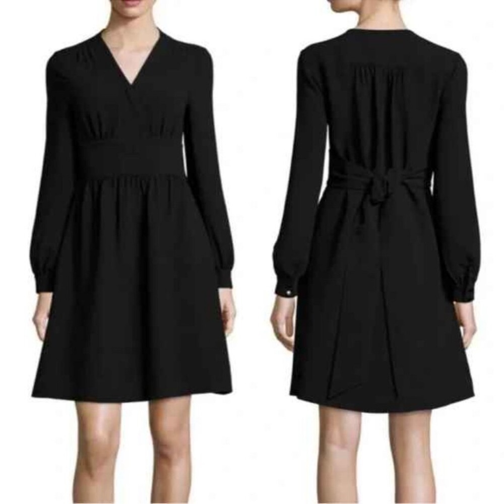 Kate Spade Blaze A Trail Tie Waist Dress Black Surplice Neck Minimalist Career-6